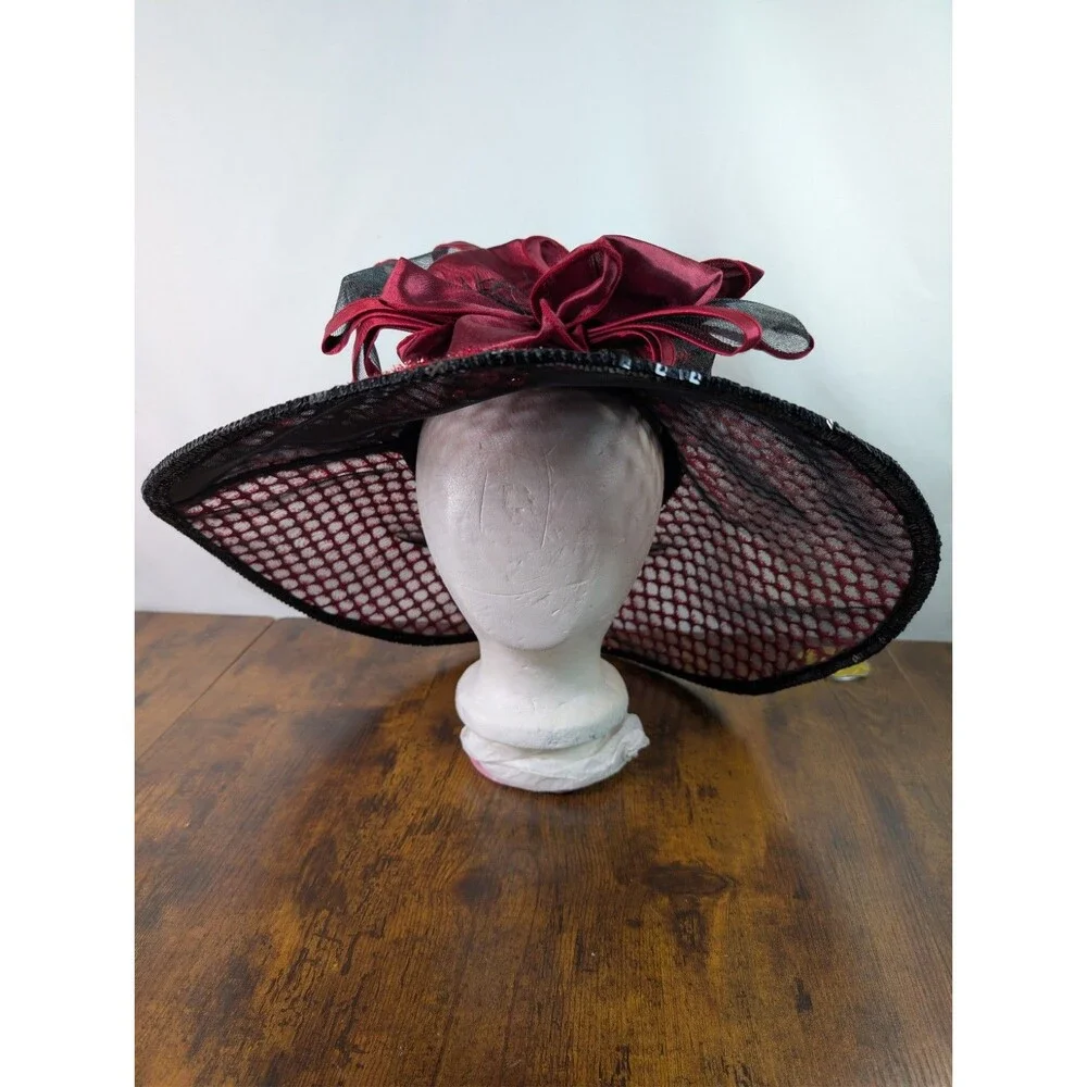 NWT FS Professional Ladies Hat Red Black Wide Brim Kentucky Derby Church Tea